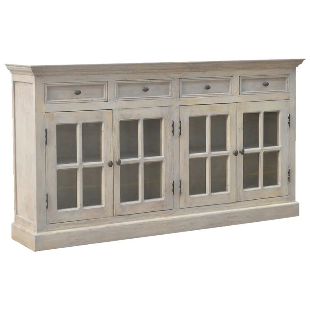 Stone Acid Wash Glazed Sideboard made from solid mango wood with four drawers and four glazed doors. Double sideboard view