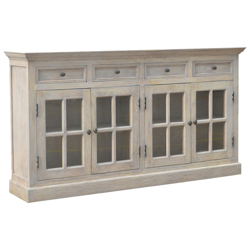 Stone Acid Wash Glazed Sideboard made from solid mango wood with four drawers and four glazed doors. Double sideboard view