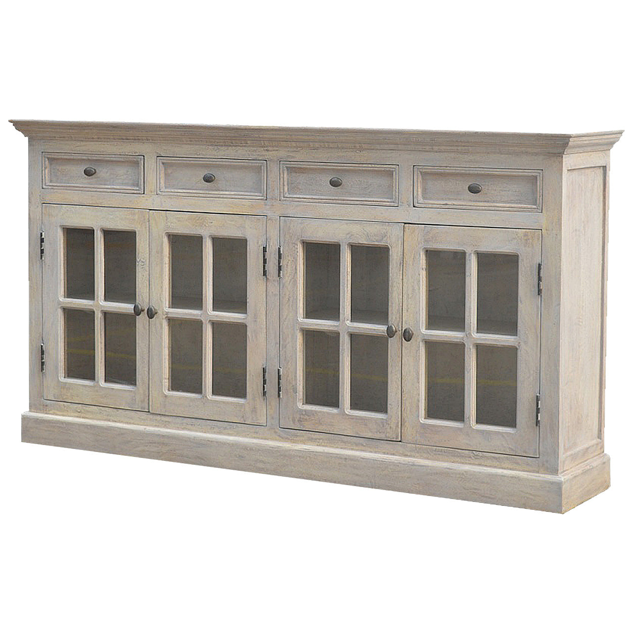 Stone Acid Wash Glazed Sideboard made from solid mango wood with four drawers and four glazed doors.