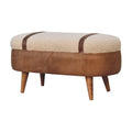 Tan Boucle and Buffalo Leather Bench with cotton boucle seat, leather straps, and oak finish legs