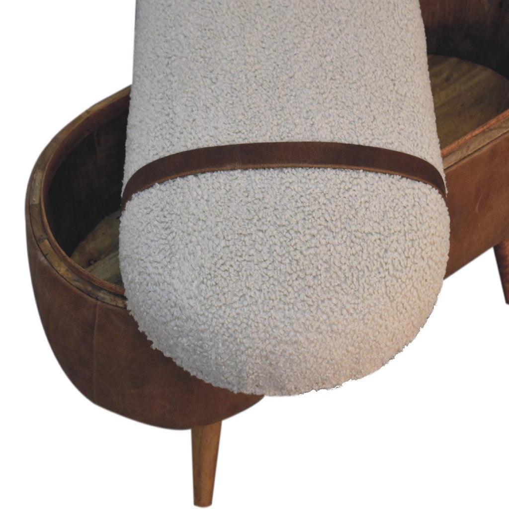 Tan Boucle and Buffalo Leather Bench with cotton boucle seat, leather straps, and oak finish legs. Seat removed for inside view