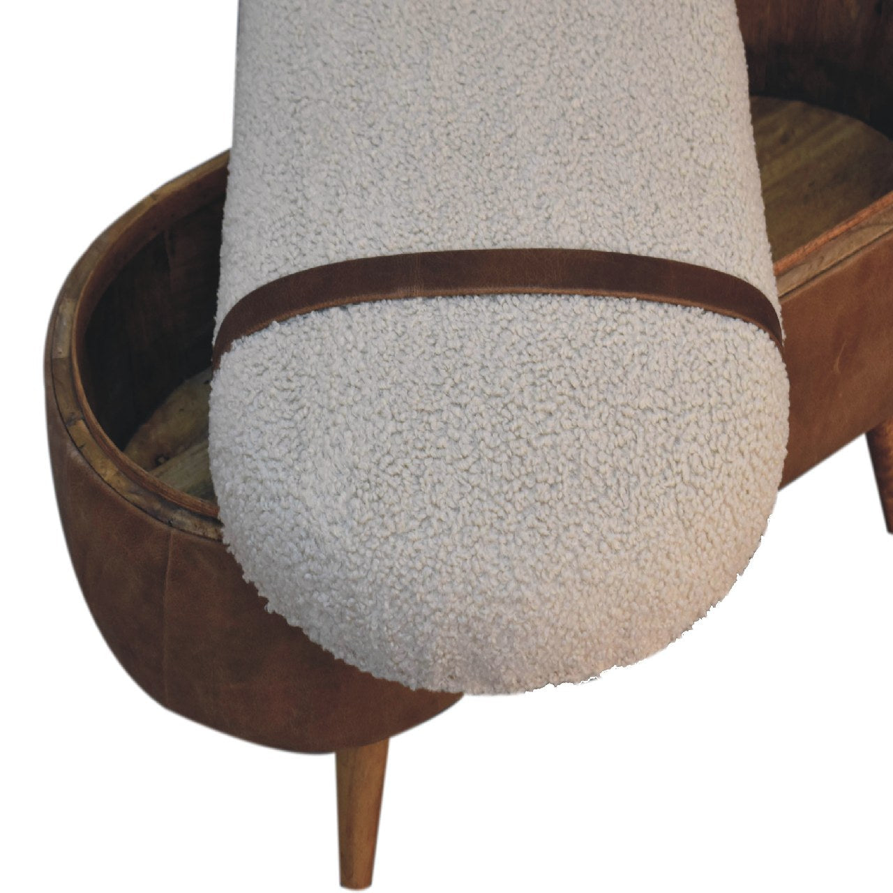 Tan Boucle and Buffalo Leather Bench with cotton boucle seat, leather straps, and oak finish legs. Seat removed for inside view