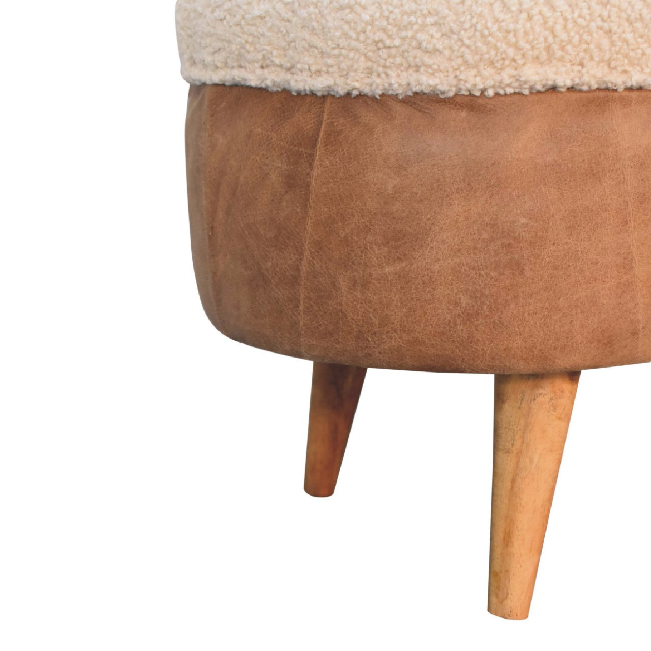 Tan Boucle and Buffalo Leather Bench with cotton boucle seat, leather straps, and oak finish legs. Leg view