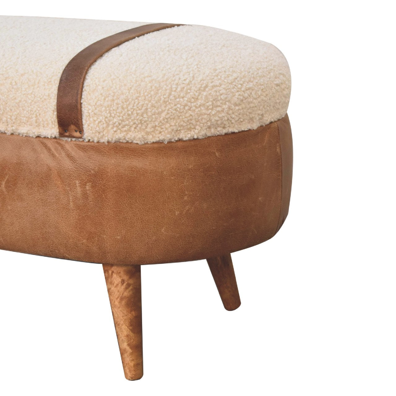 Tan Boucle and Buffalo Leather Bench with cotton boucle seat, leather straps, and oak finish legs. Side view