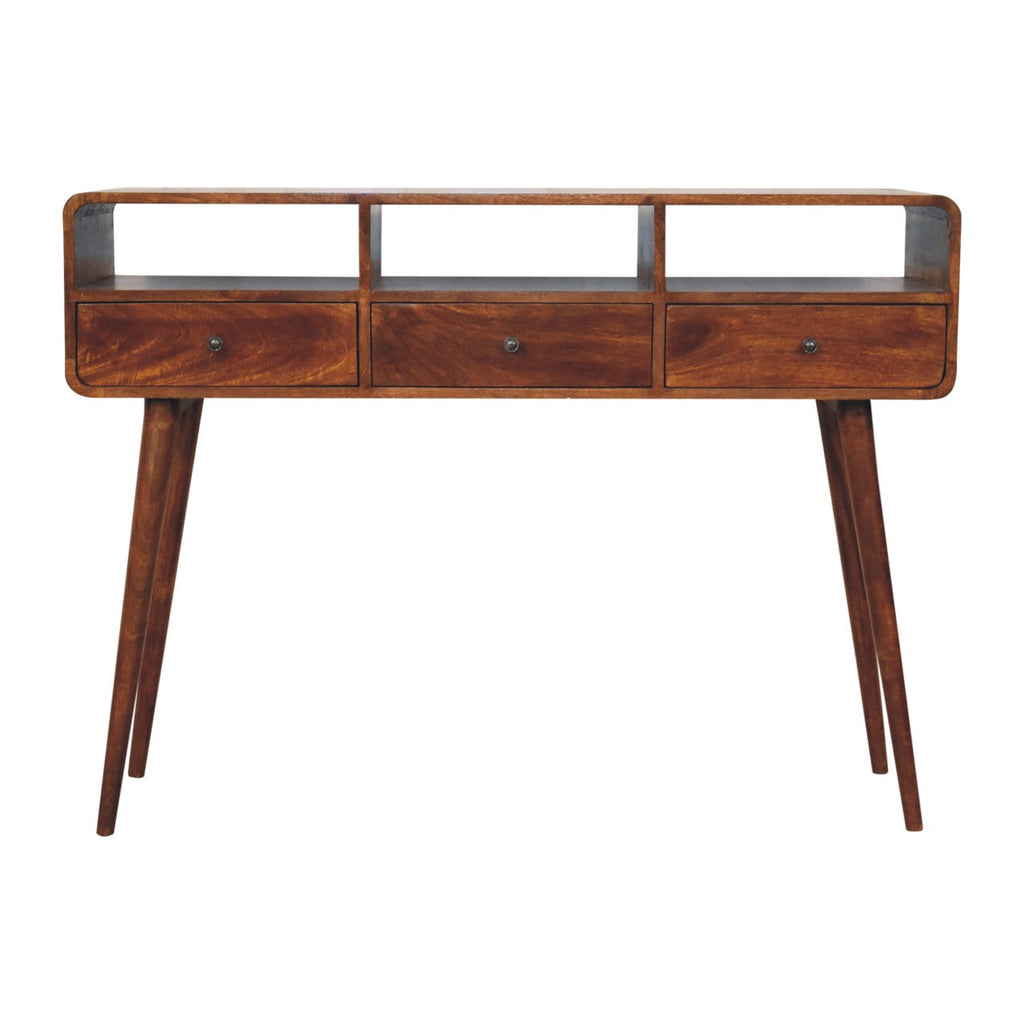 Extra Mini Curved Chestnut Bedside Table made from solid mango wood with one drawer and open lower shelf. Front view