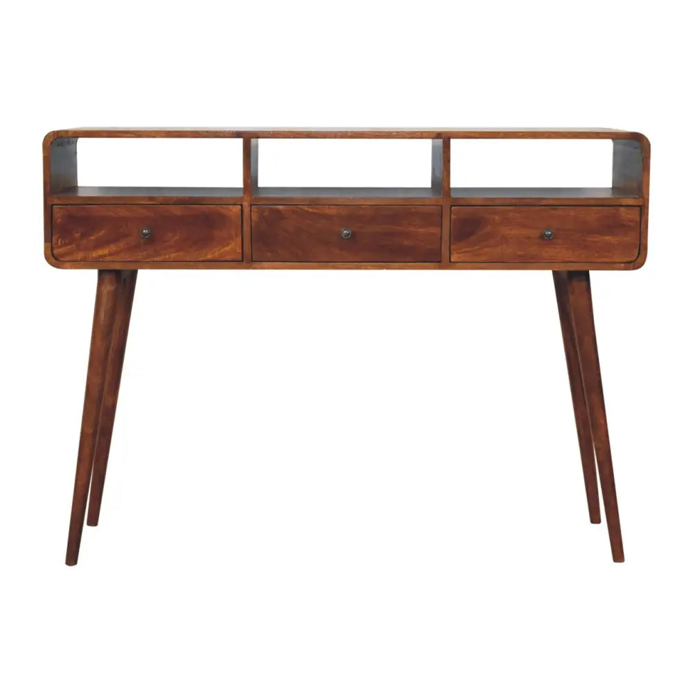 Extra Mini Curved Chestnut Bedside Table made from solid mango wood with one drawer and open lower shelf. Front view