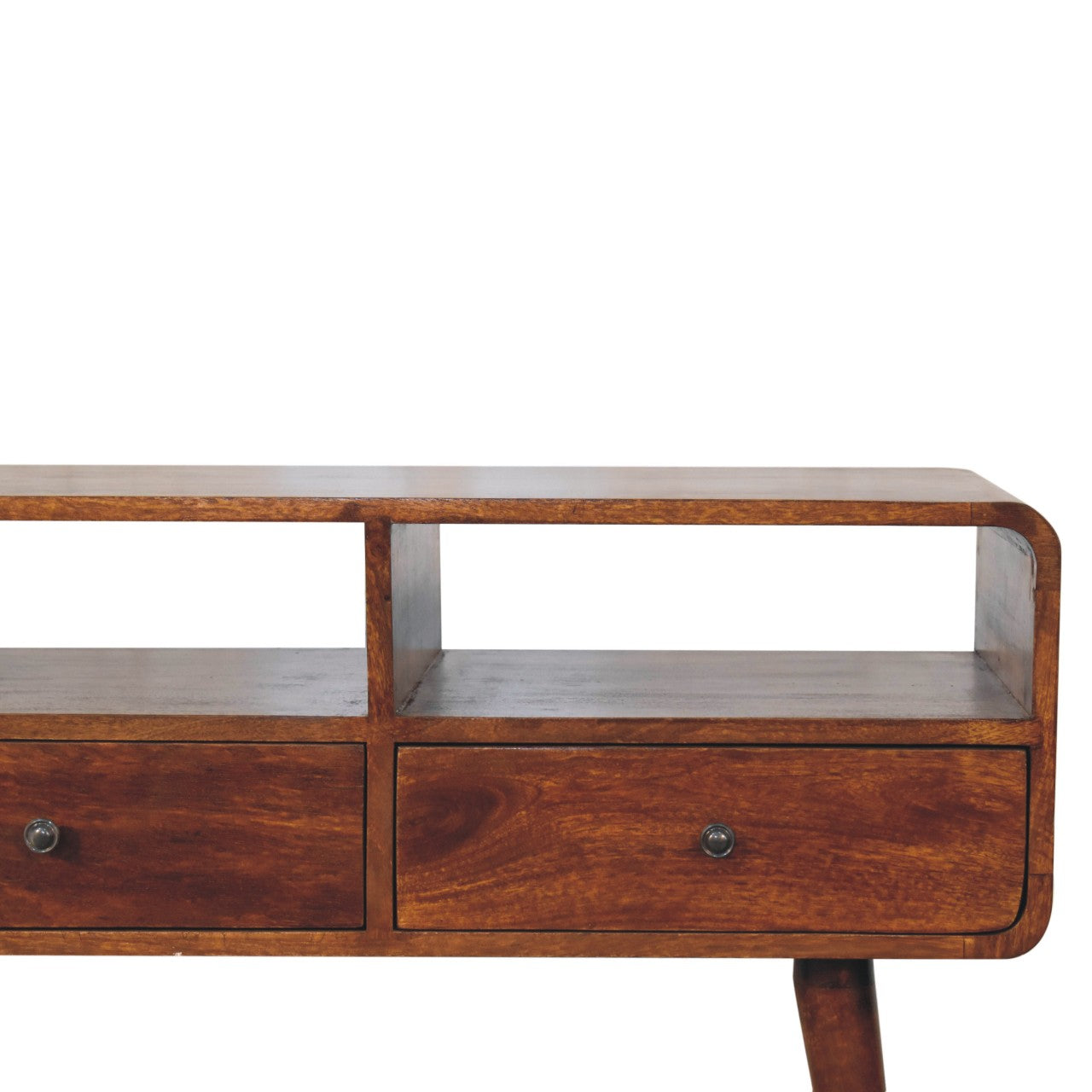 Extra Mini Curved Chestnut Bedside Table made from solid mango wood with one drawer and open lower shelf.  Shelf view