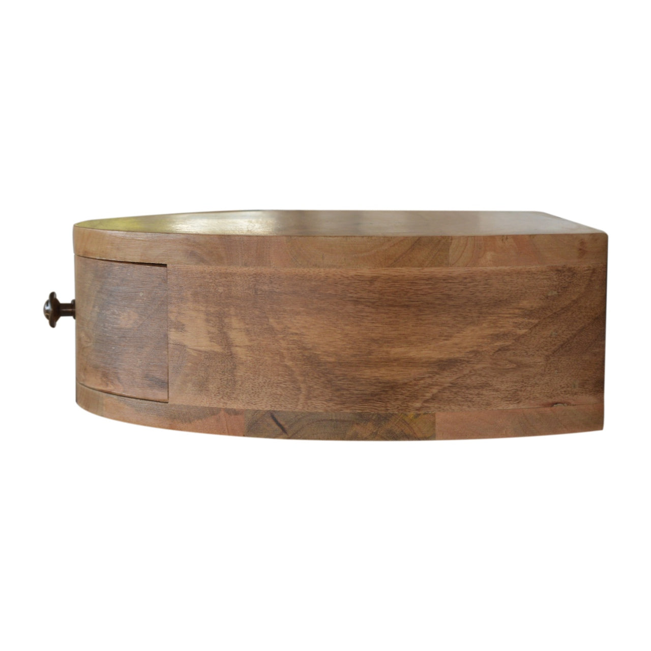 Wall Mounted Rounded Nightstand with 1 drawer, smooth rounded edges, and solid mango wood in oak-ish finish. Side view