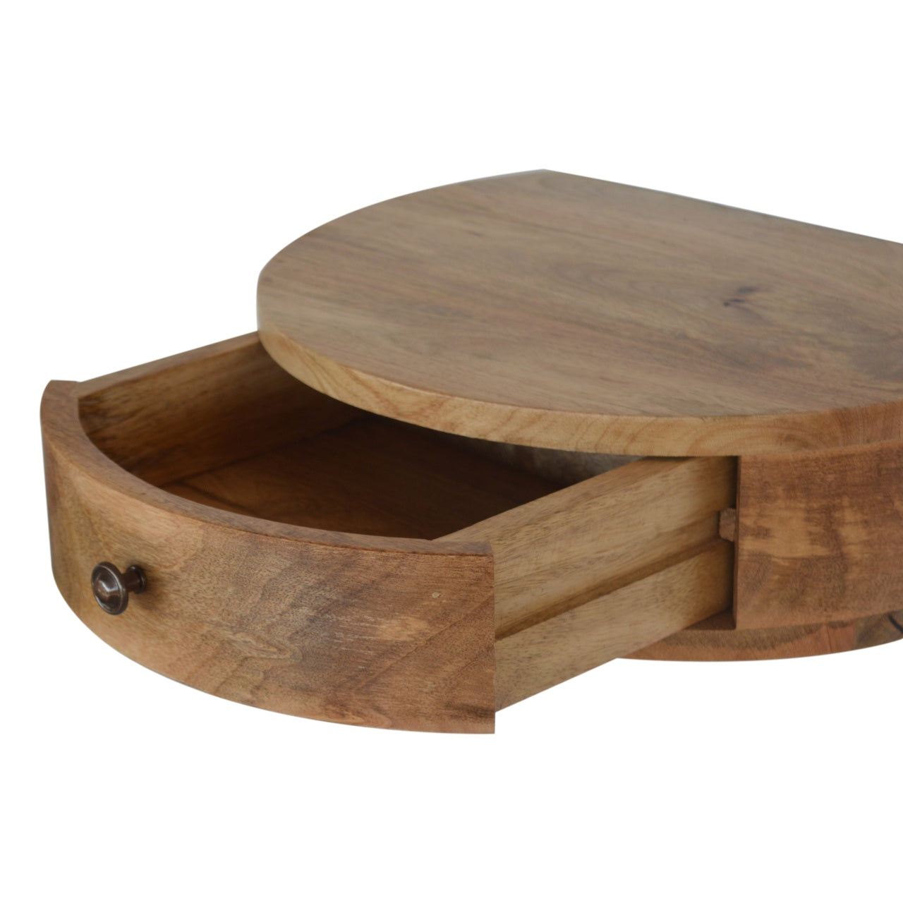 Wall Mounted Rounded Nightstand with 1 drawer, smooth rounded edges, and solid mango wood in oak-ish finish. Opened drawer view
