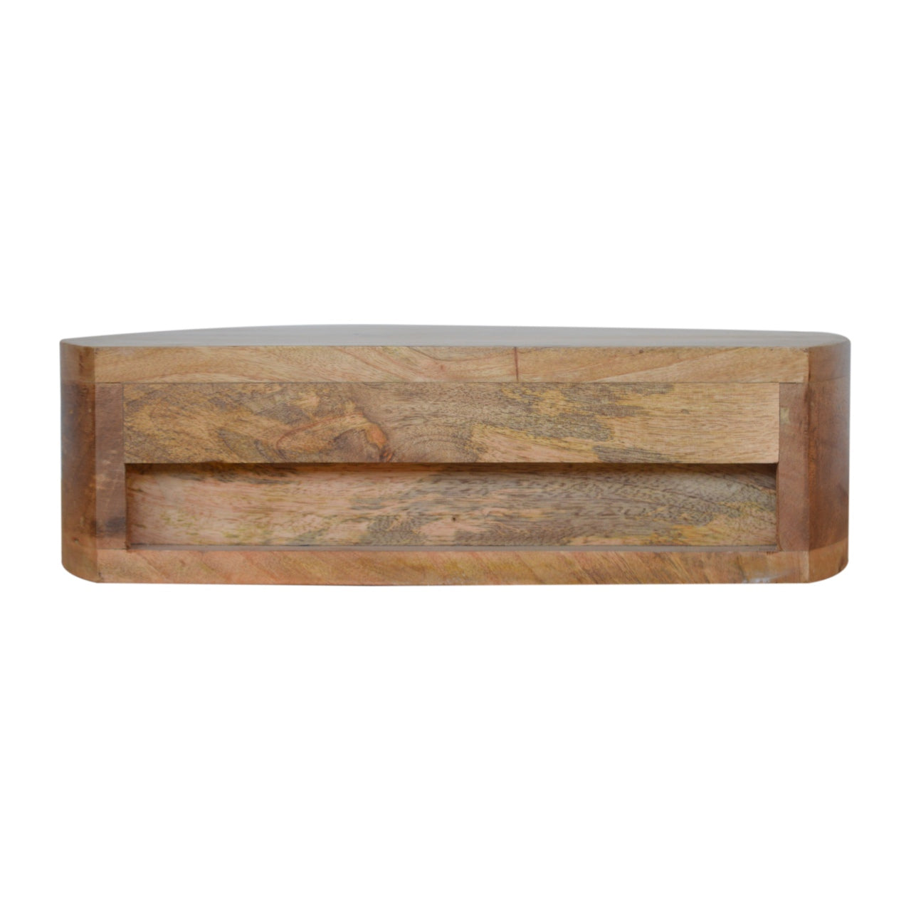 Wall Mounted Rounded Nightstand with 1 drawer, smooth rounded edges, and solid mango wood in oak-ish finish. Bottom view