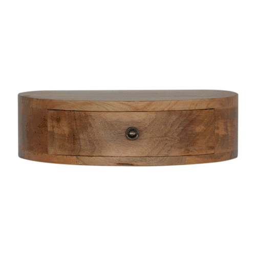 Wall Mounted Rounded Nightstand with 1 drawer, smooth rounded edges, and solid mango wood in oak-ish finish. GIF