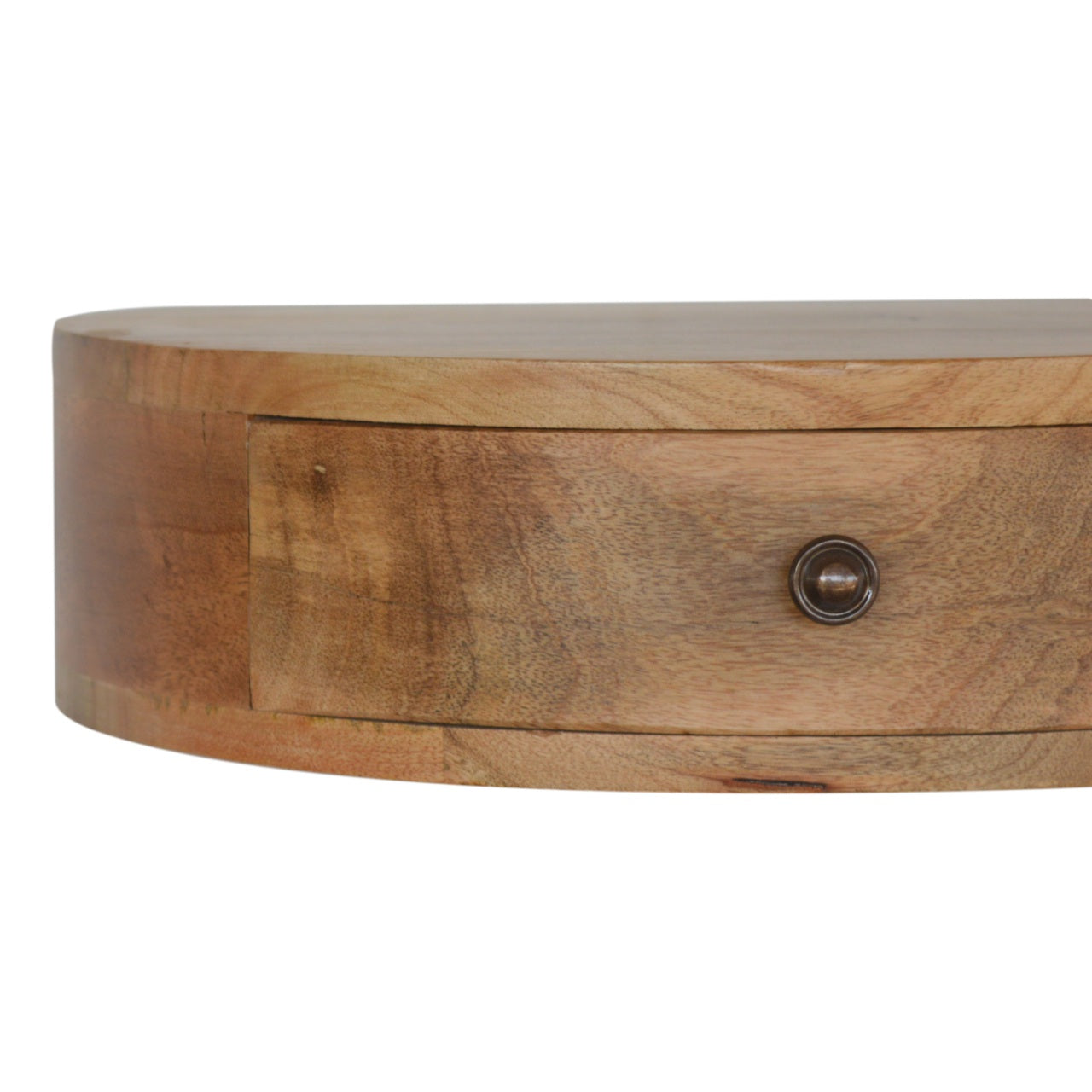 Wall Mounted Rounded Nightstand with 1 drawer, smooth rounded edges, and solid mango wood in oak-ish finish. Knob view